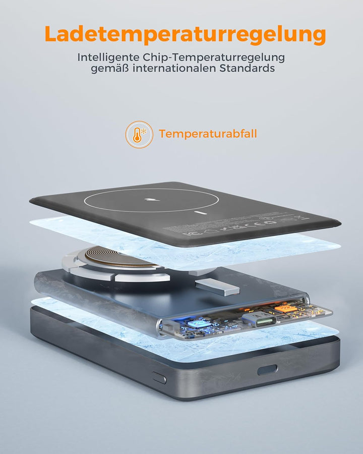 CHARCO Wireless Powerbank 10000mAh Magnetische Power Bank mit 20W USB-C Schnellladen (IN/Out), kabel