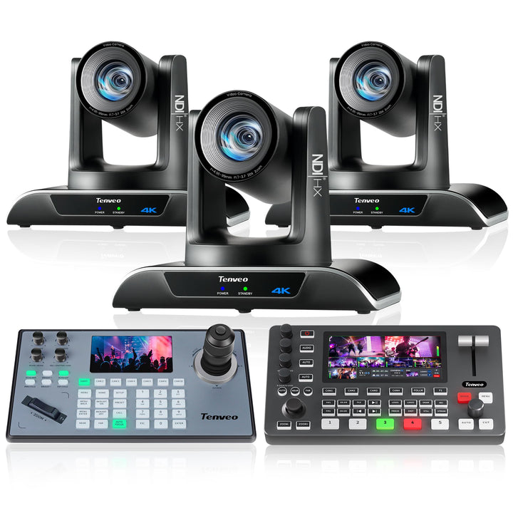 Tenveo 4K PTZ Kamera mit NDI &amp; AI-Tracking（3PCS）+PTZ Controller+Video Mixer Switcher