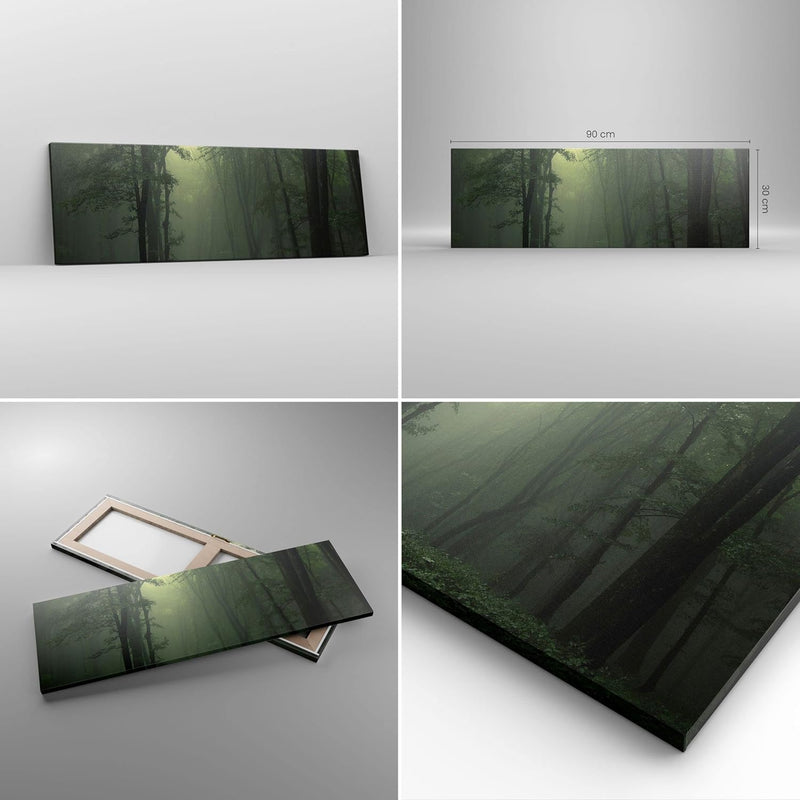 Panorama Bilder auf Leinwand Wald Nebel Baum Leinwandbild mit Rahmen 90x30cm Wandbilder Dekoration W