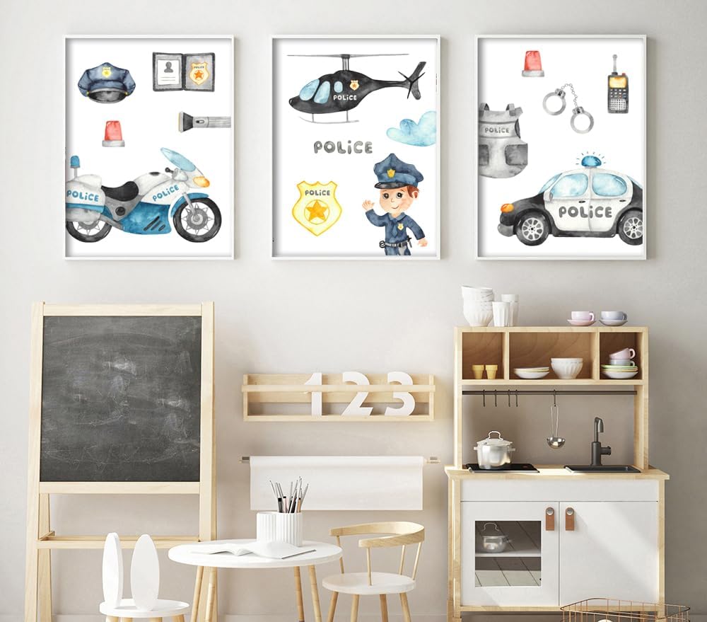 ag.art deco Kinder Poster Set Polizei | 3 Stück 40x50cm MIT RAHMEN HOLZ | Hubschrauber Polizeiauto P