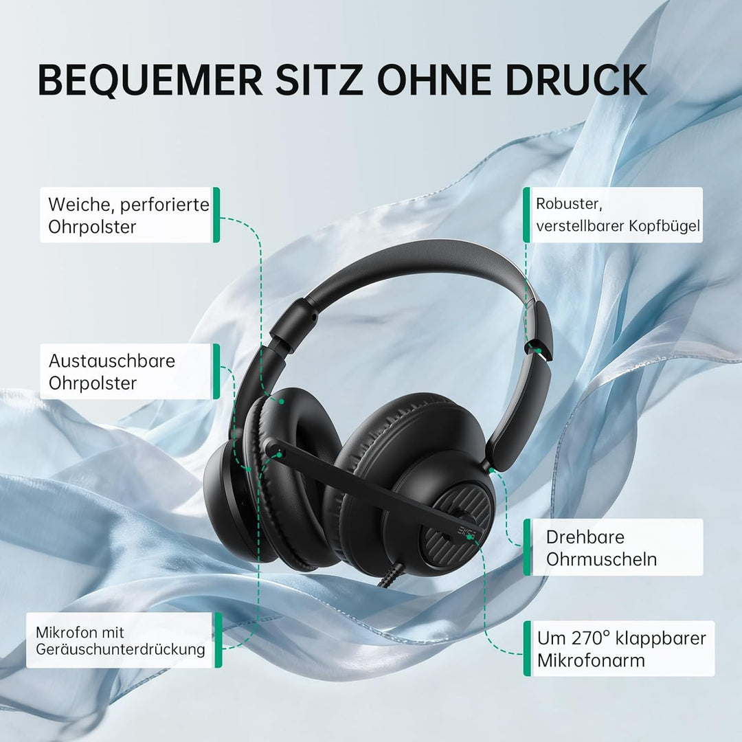 EKSA H8 PC Headset mit Mikrofon, Stereo USB Headset mit Kabel, Headset mit Geräuschunterdrückung, US