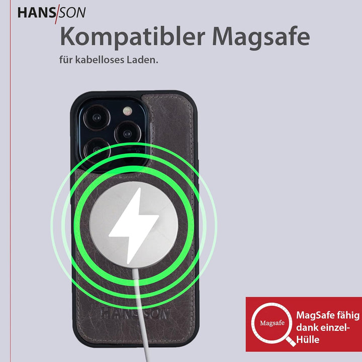 HANS/SON Handyhülle kompatibel mit iPhone 14 pro | Flip Case Echt-Leder | Magsafe Klapphülle mit Kar