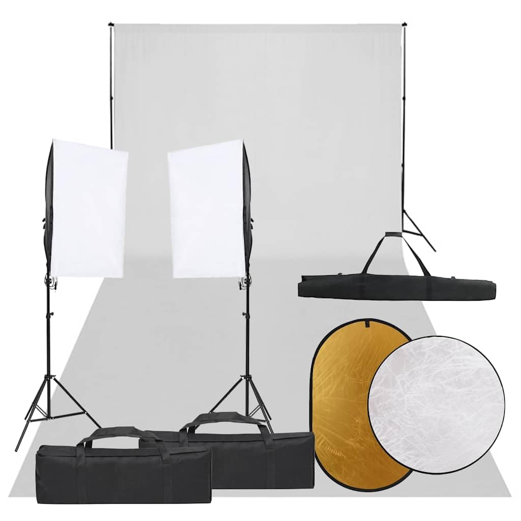 Fotostudio-Set mit Softbox Beleuchtung, Hintergrundsystem und 5-in-1 Reflektor, LED Dauerlicht Licht
