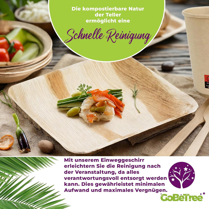 GoBeTree – Einweggeschirr aus Palmblättern – 180-Teilig Geschirrset für 25 Gäste, Bio abbaubare Tell
