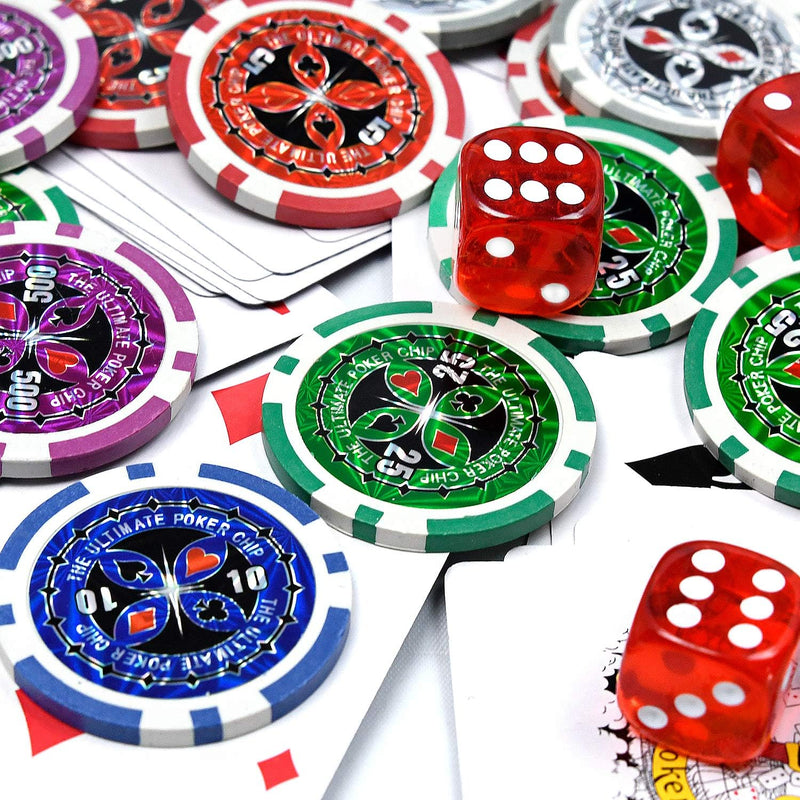 AufuN Pokerset mit 500 hochwertigen Chips Laser Pokerchips Poker inkl. 2X Pokerdecks, 5X Würfel, 1x