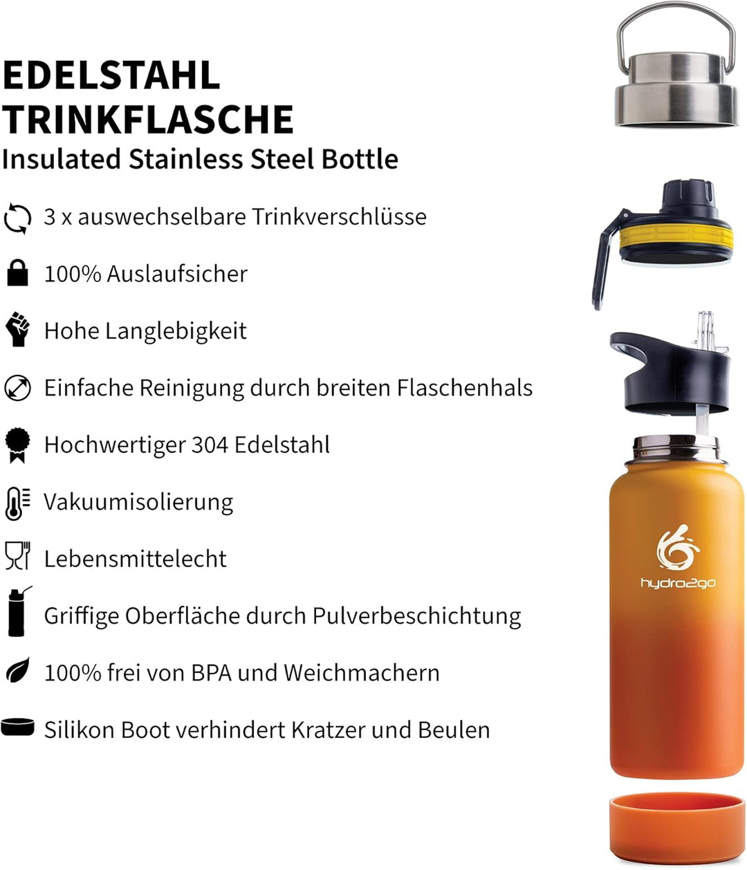 hydro2go ® Trinkflasche aus Edelstahl 1000 ml / 1 Liter - für Sport, Fitness & Outdoor | Thermo Edel