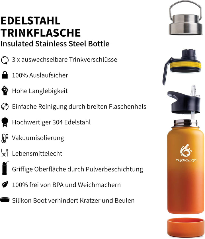 hydro2go ® Trinkflasche aus Edelstahl 1000 ml / 1 Liter - für Sport, Fitness & Outdoor | Thermo Edel