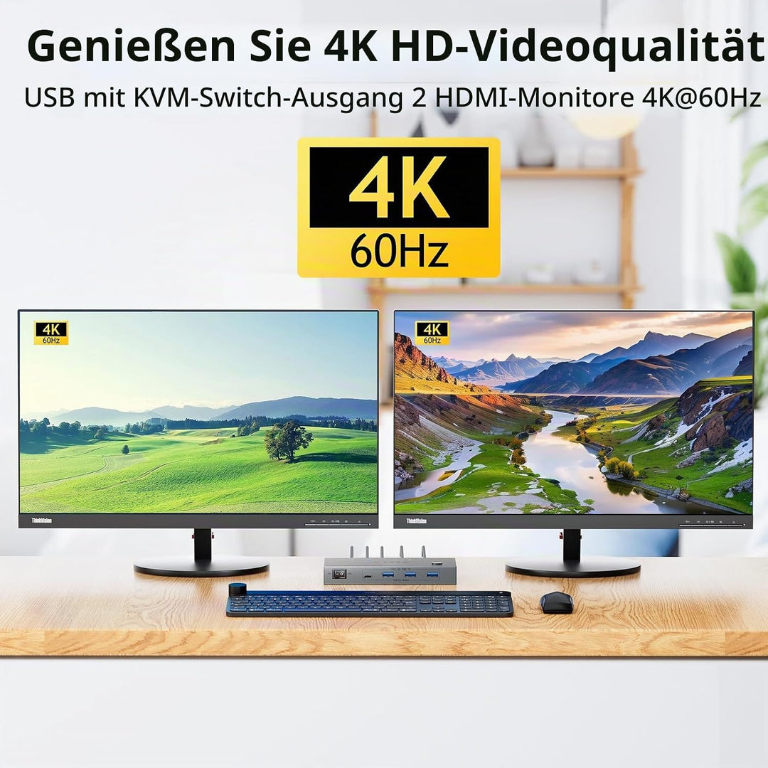 KVM Switch 2 PC 2 Monitore USB C, USB 3.0 KVM Switch Dual Monitor HDMI 4K@60Hz für 2 Laptops, MST, 8