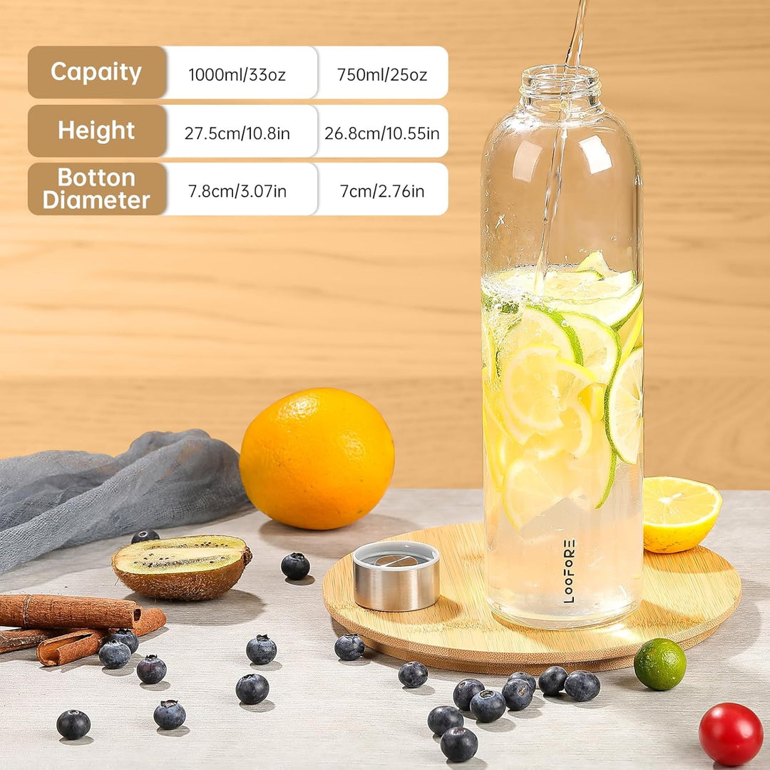 Glasflasche 1 liter / 1l, Wasserflasche Glas 1000ml inkl. Neoprenhülle, BPA freie, Trinkflasche Spül