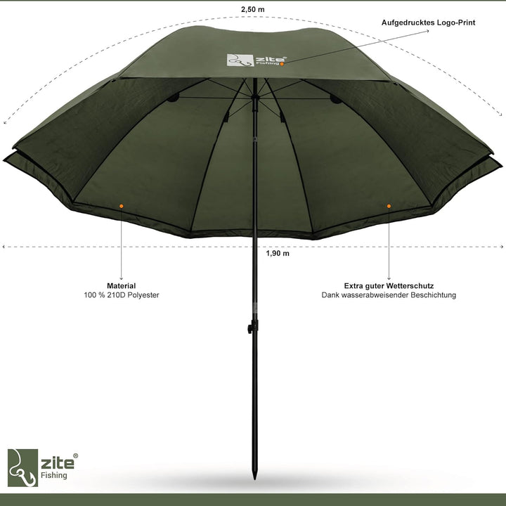 Zite Fishing Schirmzelt Wasserabweisend [Anglerzelt Halboffen & Geschlossen 250cm + Schirmstütze] Ka