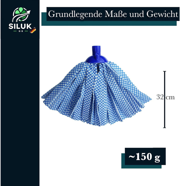 6X Ersatzkopf für Leifheit Classic Mop – Viskose-Polyester Streifen blau kariert, saugstark & streif