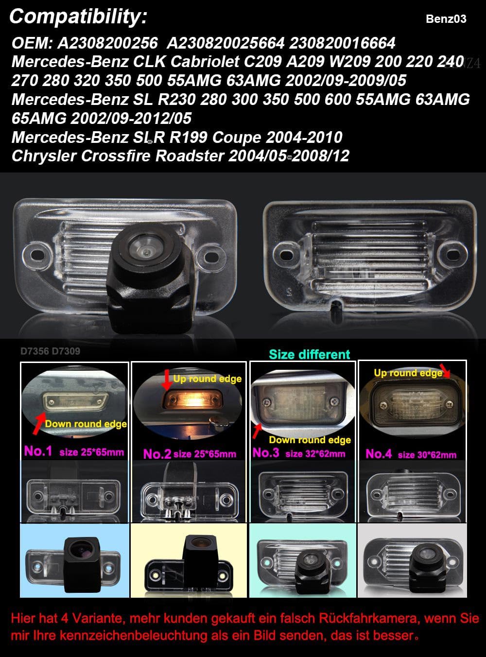1280*720 pixels Auto Rückfahrkamera Replacement for Mercedes-Benz CLK Cabriolet C209 A209 W209 200 2