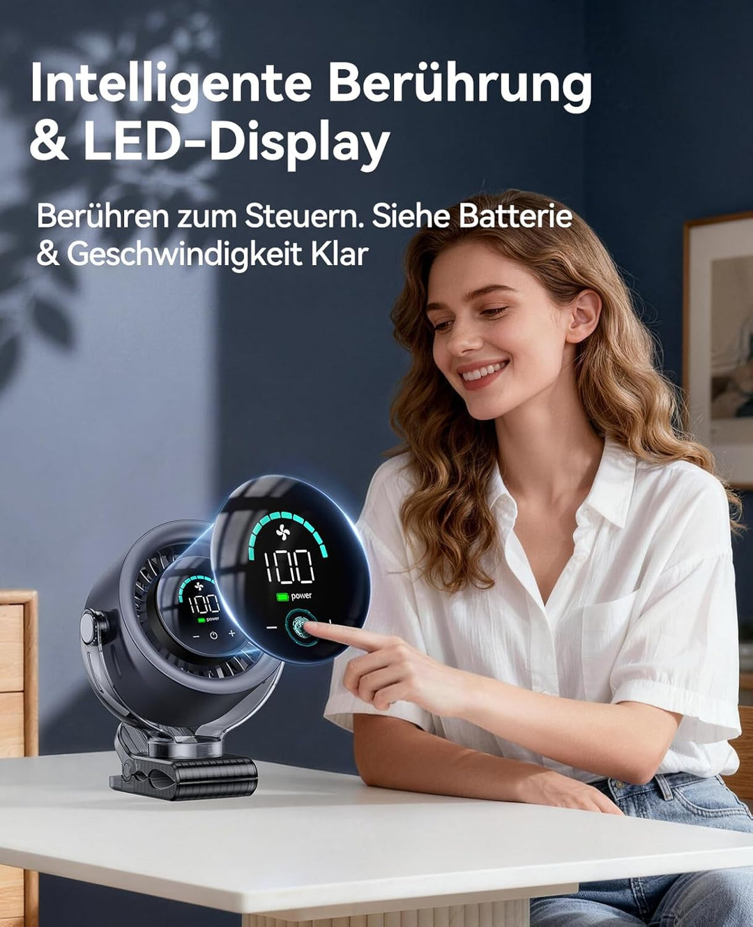 KIMMOO 4000mAh Akku-Clip-Ventilator mit LED-Display, 100 Stufen Touch-Control, 360° Rotation, leiser