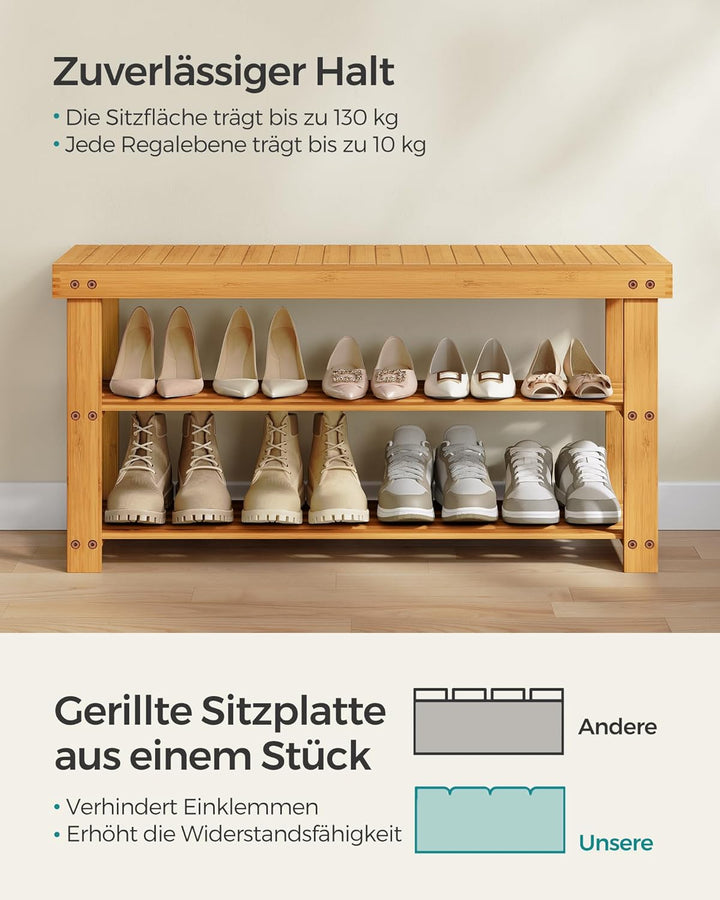 SONGMICS Bambus Schuhregal, Schuhschrank mit Sitzbank, Schuhbank mit 3 Ablagen 90 x 28 x 45 cm ideal