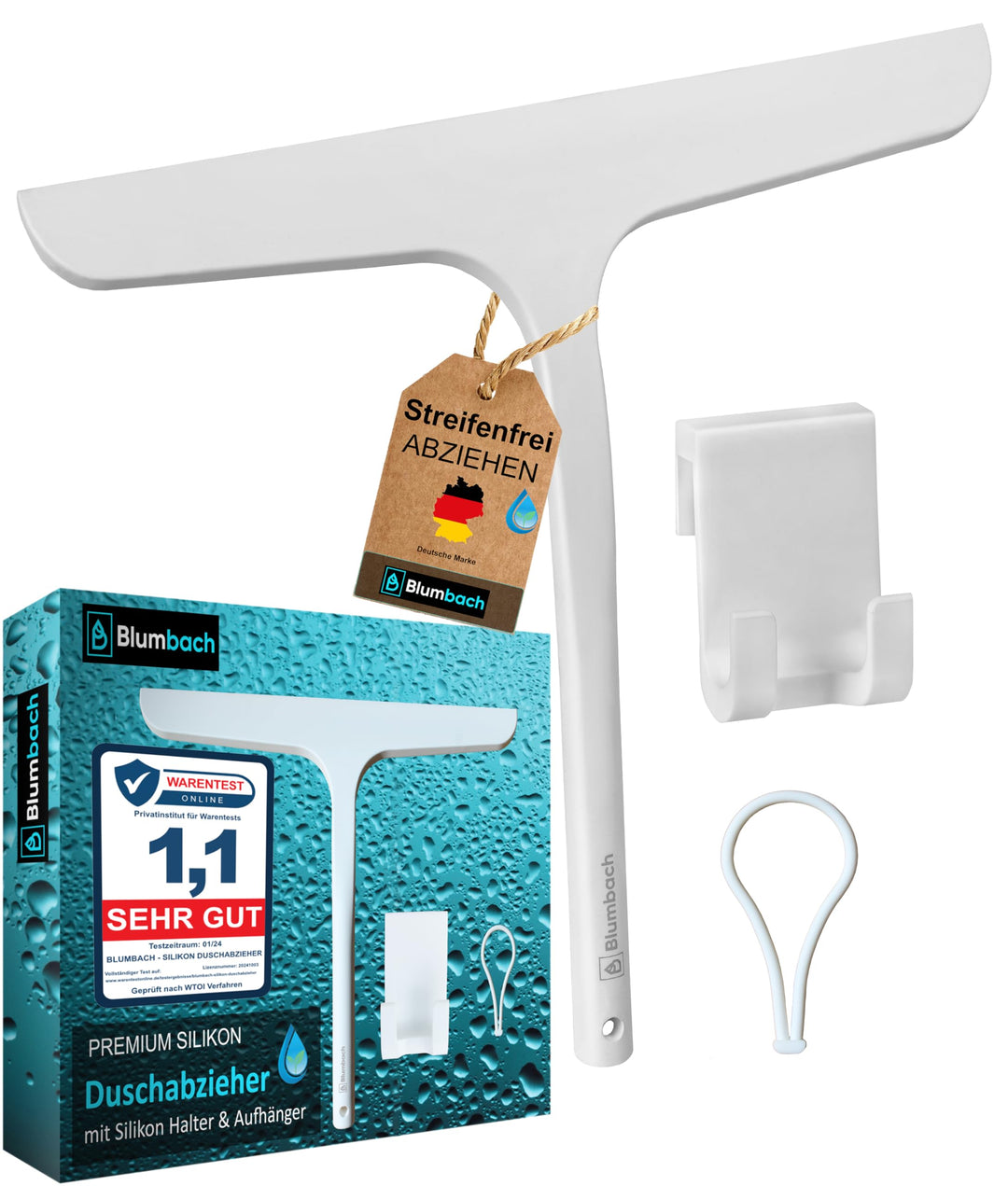 Abzieher Dusche mit Halterung, BLUMBACH® Duschabzieher weiss 28 cm breit Dusch Abzieher Wischer Sili