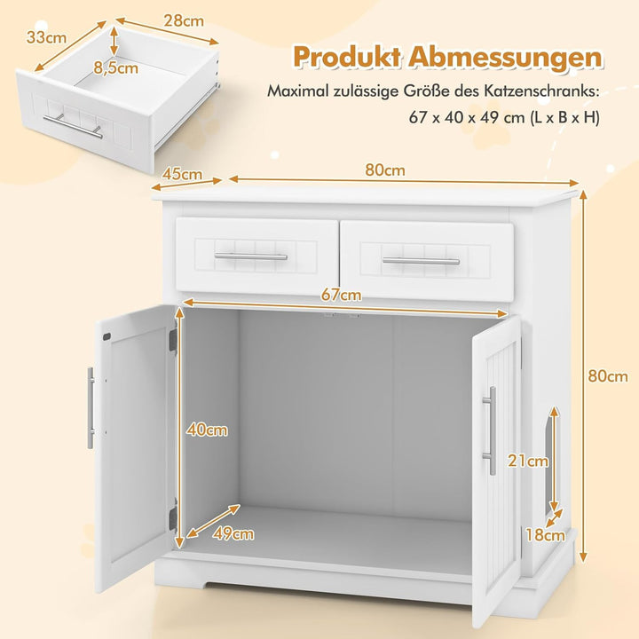 COSTWAY Katzenschrank für Katzentoilette, Katzenklo Schrank mit 2 Schubladen, 2 Türen & Eingang, Kat