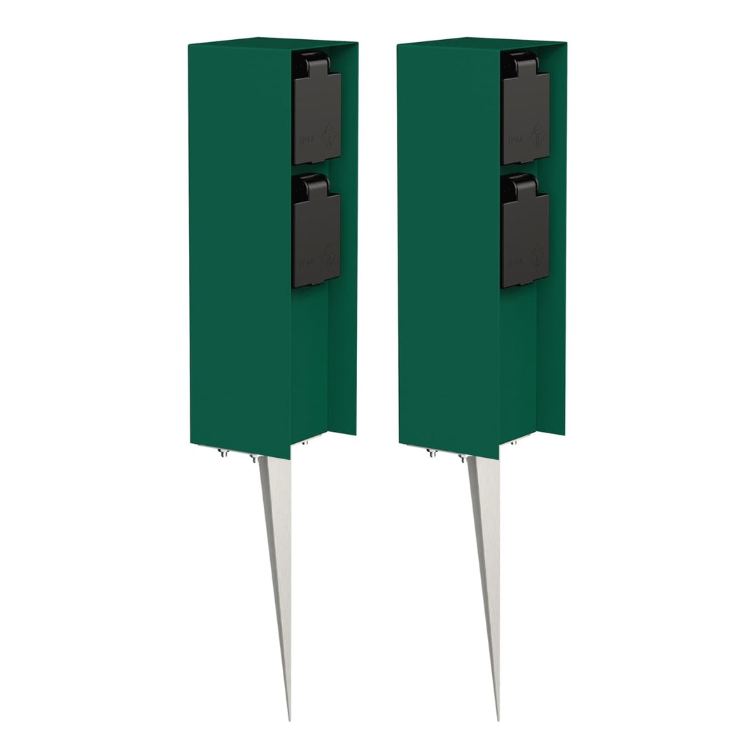 ledscom.de Gartensteckdose POMI mit Erdspiess, Outdoor, IP44, 2-fach, grün, eckig, 23cm, 2 Stk. 2 St