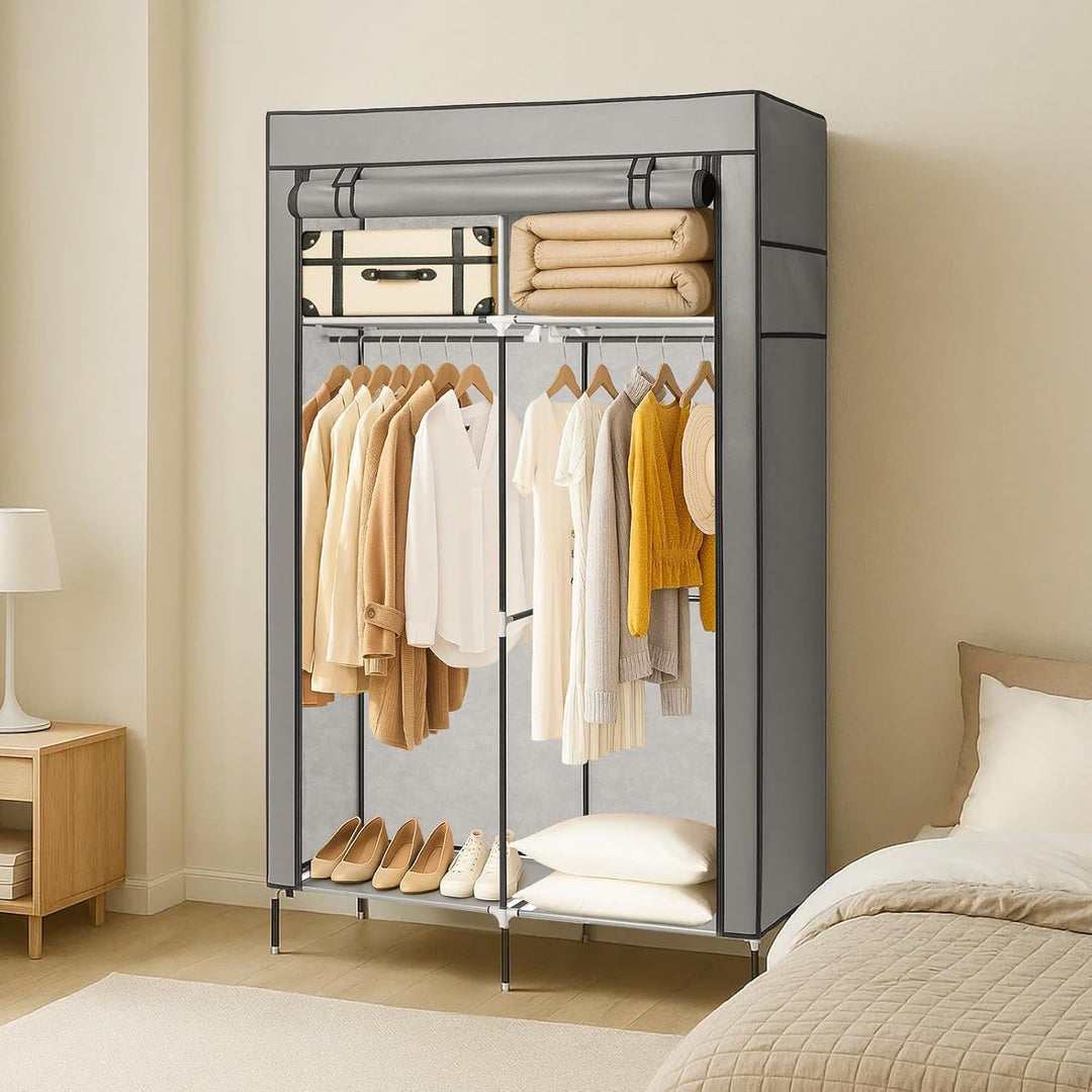 Faltschrank 108x45x170 cm Stoffkleiderschrank mit Reissverschluss und Kleiderstange, Seitentasche &
