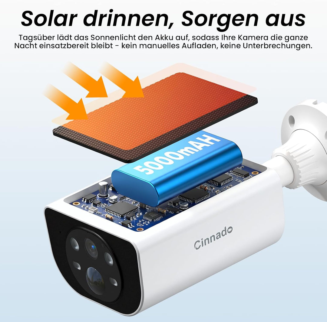 Cinnado Überwachungskamera Aussen Solar Akku - 2K Kabellos Kamera Überwachung Aussen Solar, 2,4 GHz