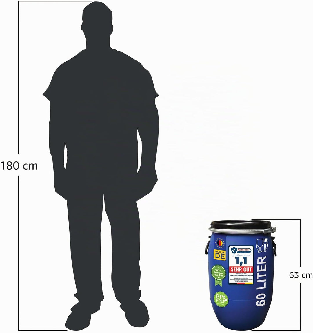 plasteo® 2 Stück: 60 L Weithalsfass mit Spannverschluss | 100% Lebensmittelecht | Universalfass | Fu