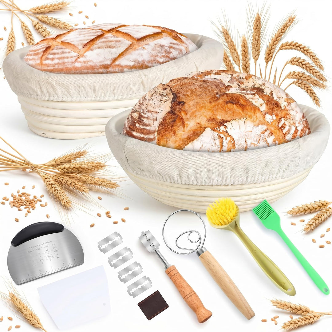 Kobete Brot Gärkorb Set, 23cm Gärkörbchen Rund &amp; 25cm Oval | Gärkörbchen zum Brotbacken aus natürlic