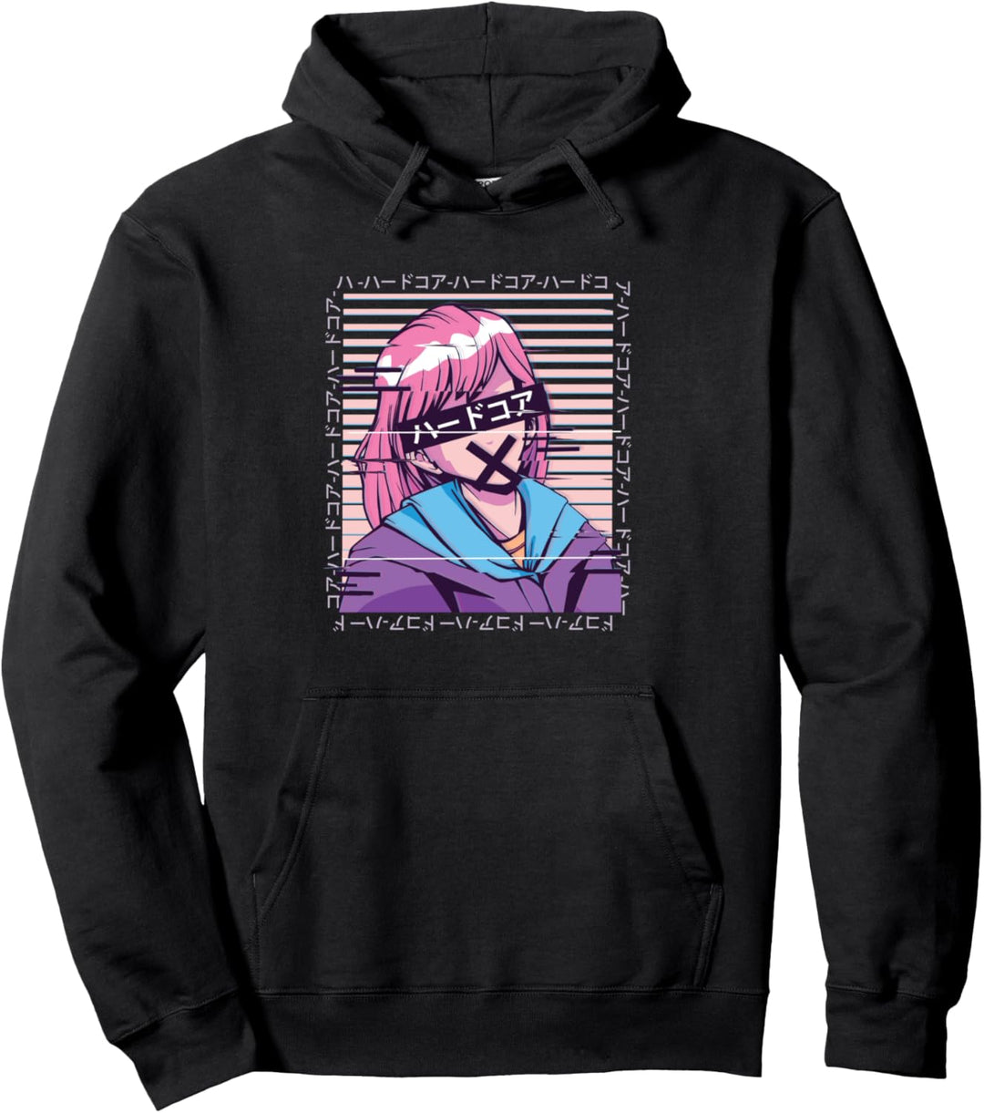 Anime Glitch Grafik mit Japanischen Zeichen l Anime Mädchen Pullover Hoodie