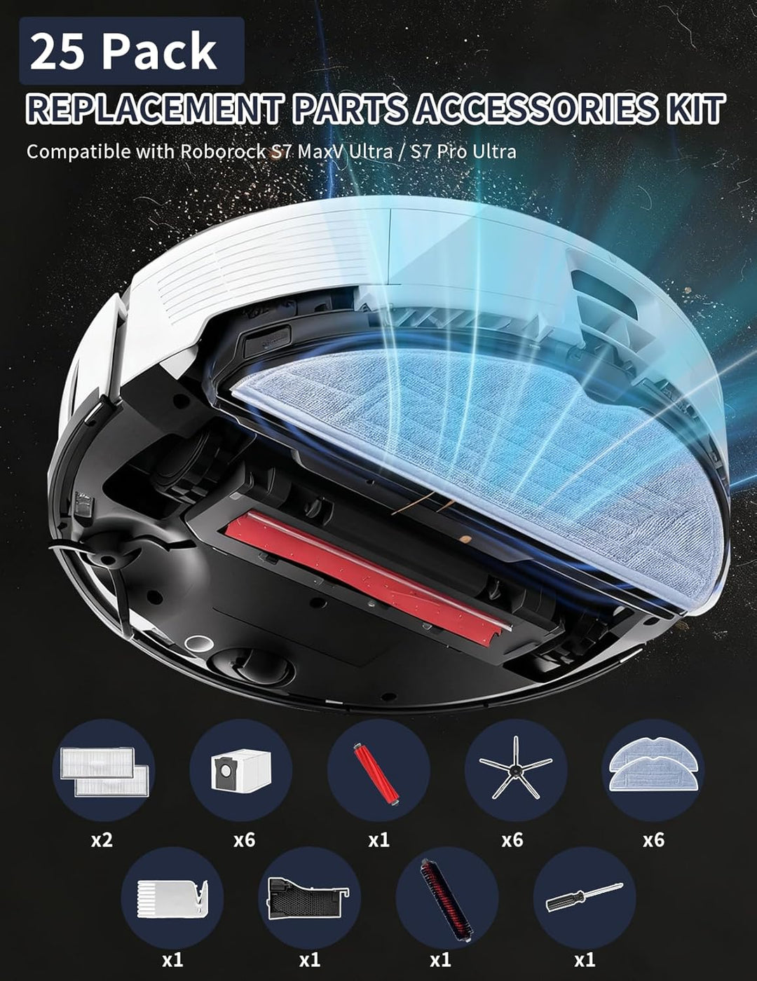 25 Stück Zubehör set für Roborock S7 MaxV Ultra/S7 Pro Ultra,mit Wasserfilter&Reinigungsbürste Assem