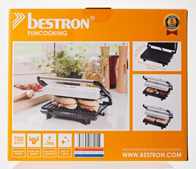 Bestron Kontaktgrill mit Auffangschale, Sandwichmaker mit Cool-Touch-Handgriff, Paninimaker mit Anti