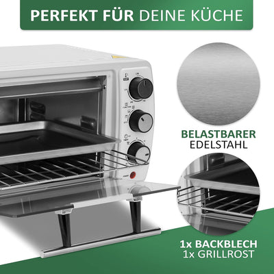 Mini Backofen 13 Liter | 1200 Watt | Pizzaofen | 65°-230°C | Timer | aufklappbares Krümelblech | Min