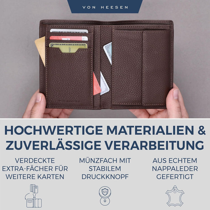 VON HEESEN Leder Geldbörse RFID Schutz I Echtleder Geldbeutel für Damen & Herren I Portemonnaie Brie