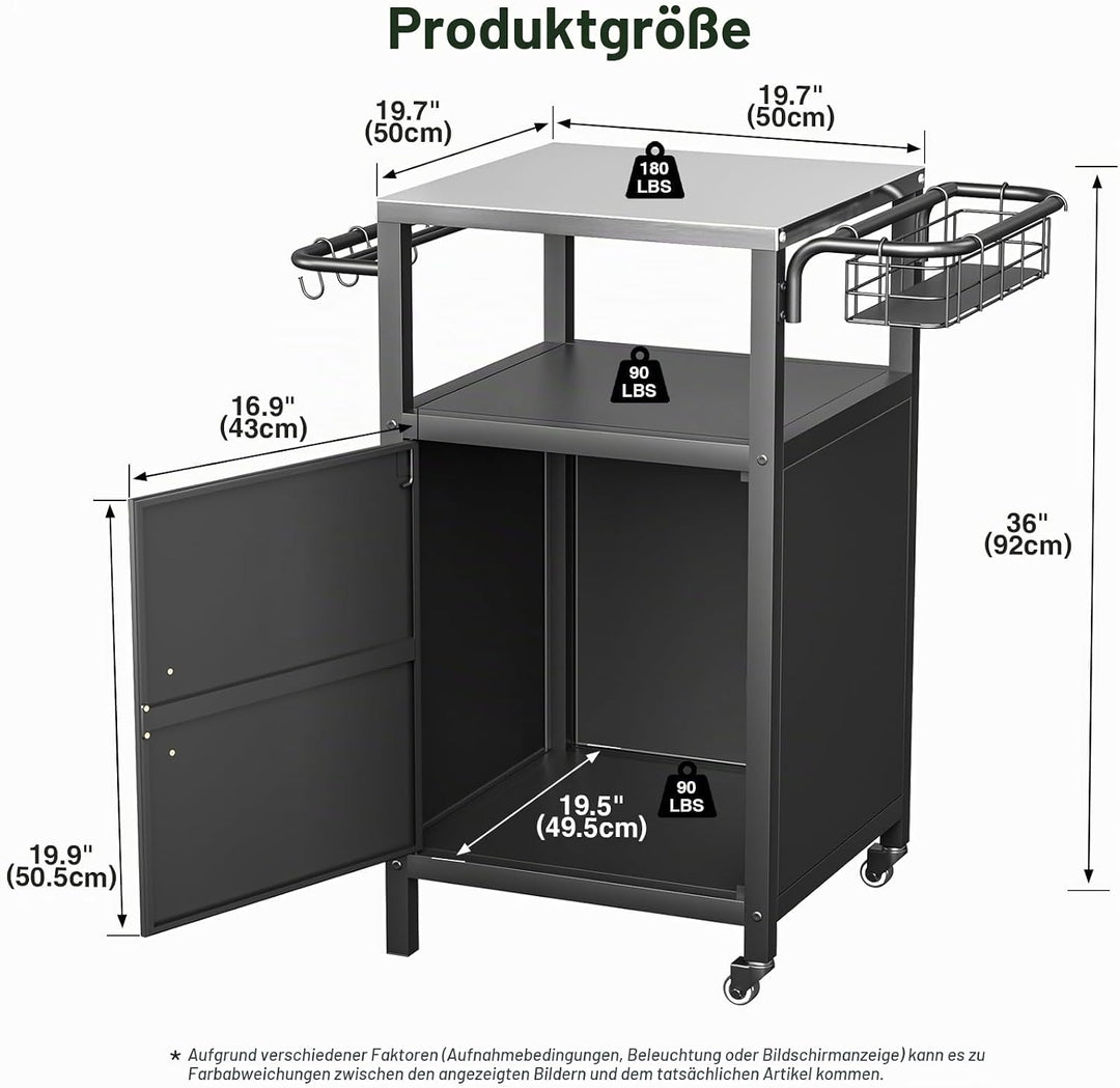 Edelstahl Grillwagen 3-Etagen, Grilltisch Outdoor mit Schrank, Outdoorküche mit 2 Rollen, 4 Haken &amp;