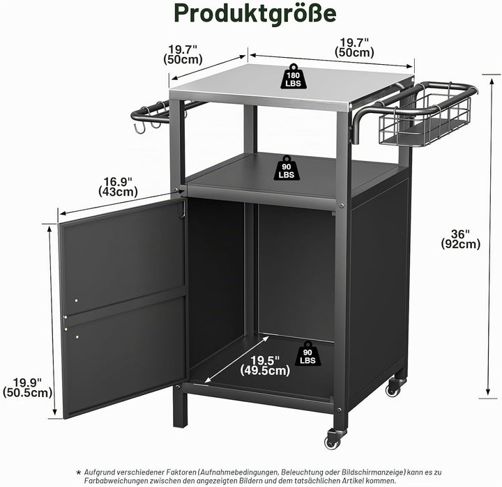 Edelstahl Grillwagen 3-Etagen, Grilltisch Outdoor mit Schrank, Outdoorküche mit 2 Rollen, 4 Haken &amp;