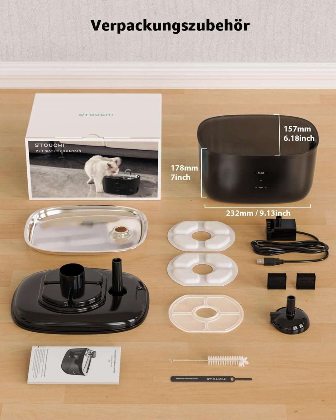 Stouchi Katzenbrunnen,Super Leise Edelstahl Trinkbrunnen für Katzen 2.5L Trinkbrunnen für Katze,LED