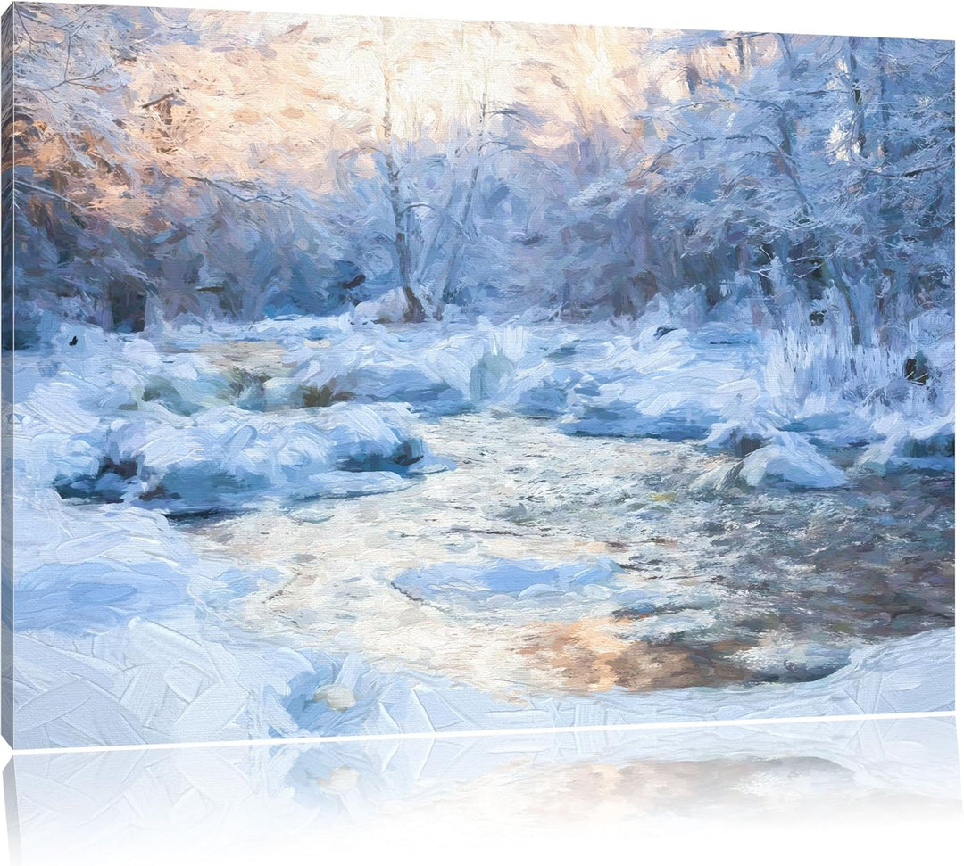 Pixxprint Bach in Winterlandschaft Pinsel Effekt, Format: 100x70 auf Leinwand, 100x70