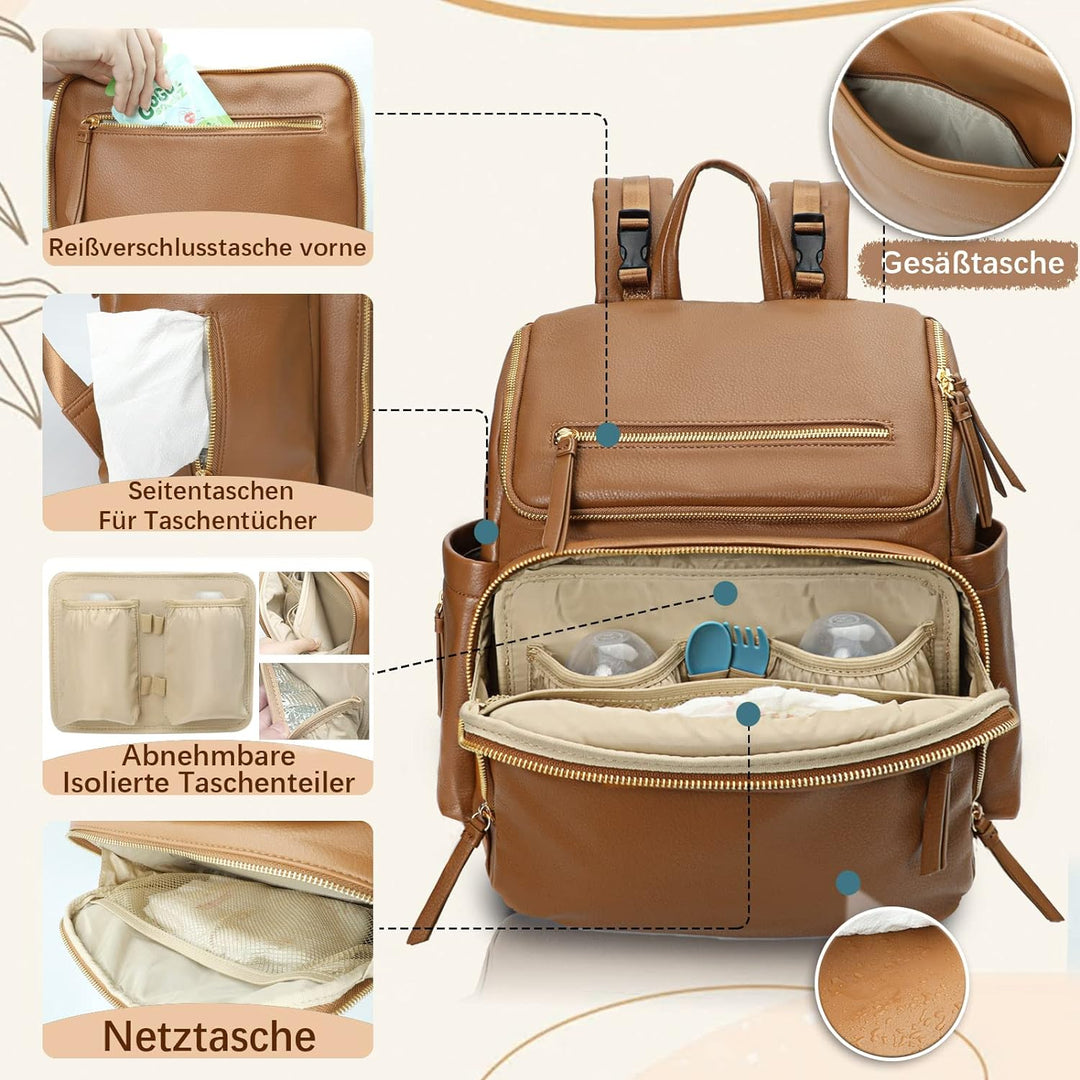 MISS FONG Baby Wickelrucksack Wickeltasche, Leder Rucksack mit Multifunktions-Babytaschen, 19 Wickel