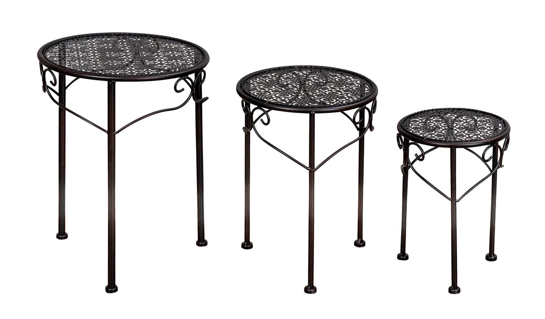 3er Set Blumenhocker Metall Schwarz Pflanzenständer Braun Rund Tisch Garten Deko Blumenständer, Schw