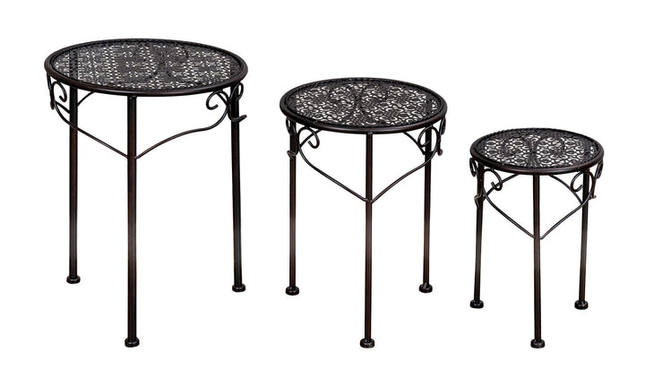 3er Set Blumenhocker Metall Schwarz Pflanzenständer Braun Rund Tisch Garten Deko Blumenständer, Schw