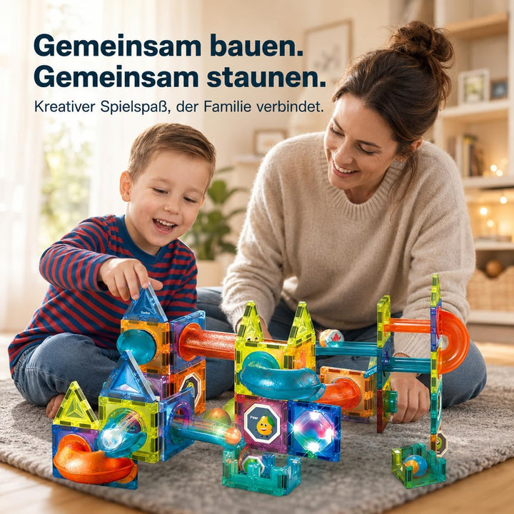 LightCube Magnetspielbausteine, (kreatives Spielset, 75 St., Kombiniertes BAU- und Kugelbahnsystem),