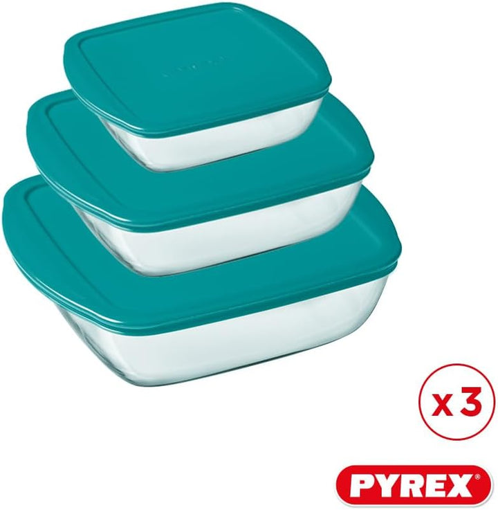 Pyrex® - Cook & Store - 3er Set eckige Vorratsschalen aus Glas mit Deckel (0,35l; 1l; 2,2l) - BPA-fr