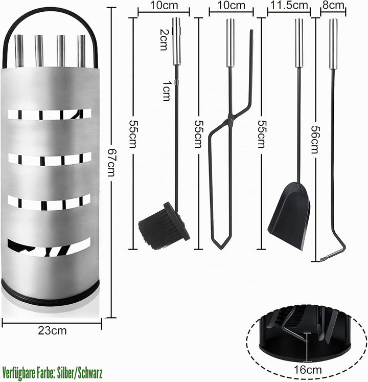 Edelstahl Kaminbesteck 5-Teilig Modern Ofenbesteck Set mit Metallgriff Kaminofen Besteck inkl. Schür