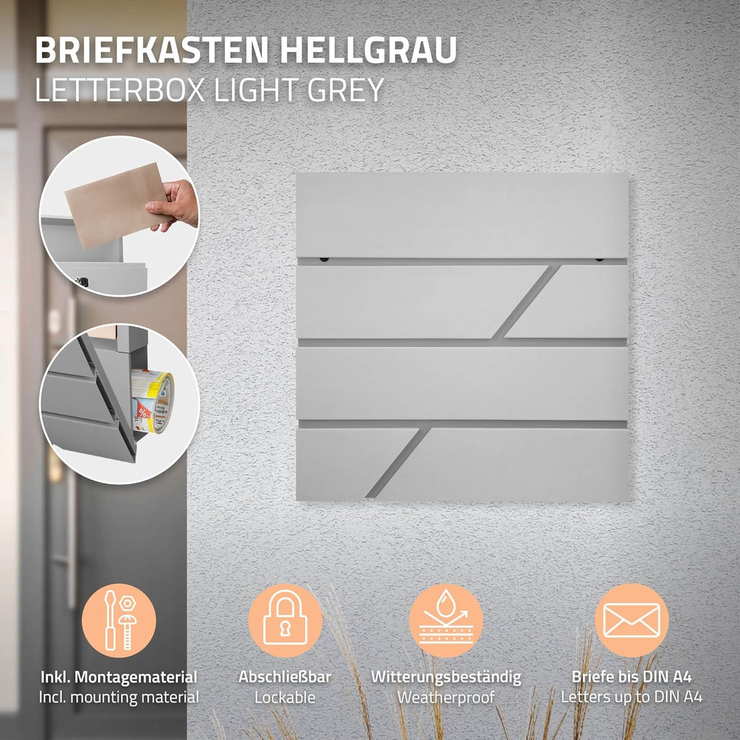 ECD Germany Briefkasten mit Zeitungsfach, Hellgrau, 37x11x37 cm, aus Edelstahl pulverbeschichtet, in