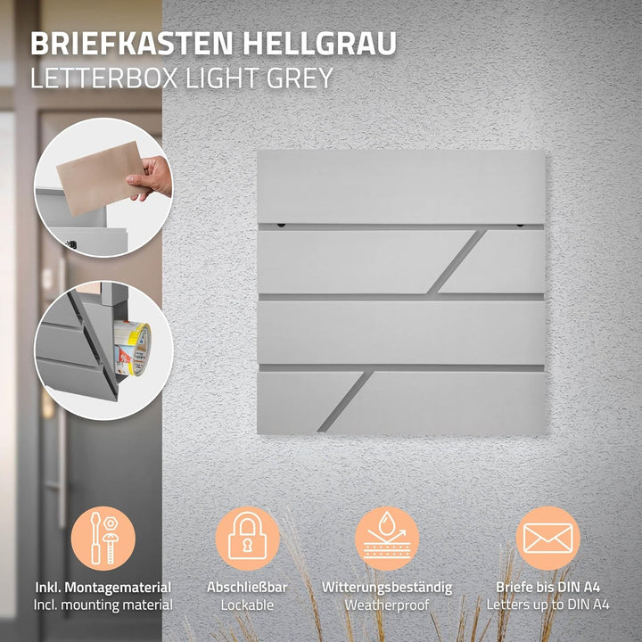 ECD Germany Briefkasten mit Zeitungsfach, Hellgrau, 37x11x37 cm, aus Edelstahl pulverbeschichtet, in