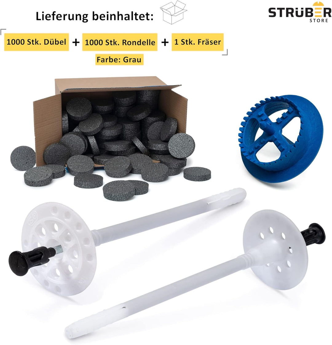 WDVS SET (Ø8x95mm Dämmstoffdübel mit Kunststoffnagel 1000St + Grau Styropor Rondelle 1000St + Styrop