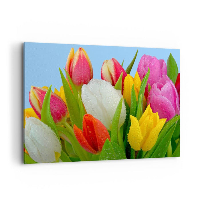 Bilder auf Leinwand 100x70cm Leinwandbild Tulpen Blumenstrauss Blumen Tau Gross Wanddeko Bild Schlaf