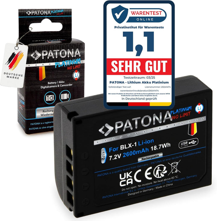 PATONA Platinum BLX-1 Akku 2600mAh / 18,7Wh / 7.2V USB-C Input kompatibel mit Olympus OM-1 OM-3 OM1