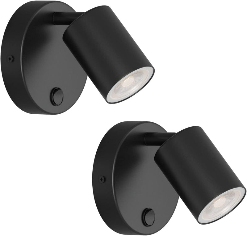 Klighten 2 Stück Wandleuchte Innen, GU10 Schwarz, 350° Wandstrahler Spot Drehbar Wandlampe mit Taste