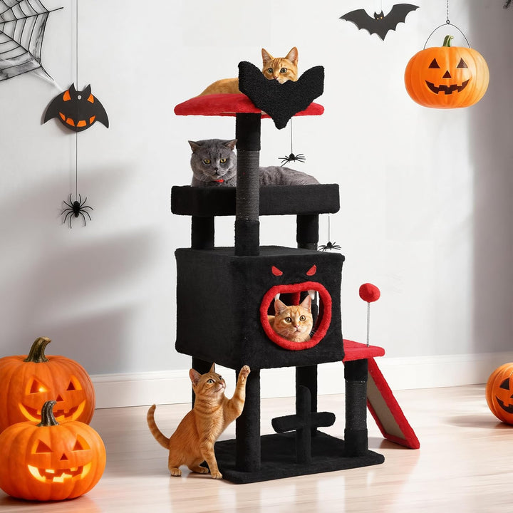 DWVO 111 cm Gothic-Katzenbaum für den Innenbereich mit Sargbett, geräumigem Katzenhaus, hängendem Sp