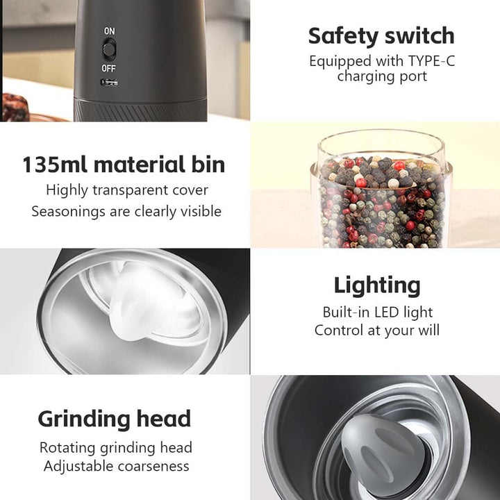 HOTUT Gravity Elektrisches Salz und Pfeffermühlen Set, 2er Elektrisch Gewürzmühlen Salzmühle, USB-C