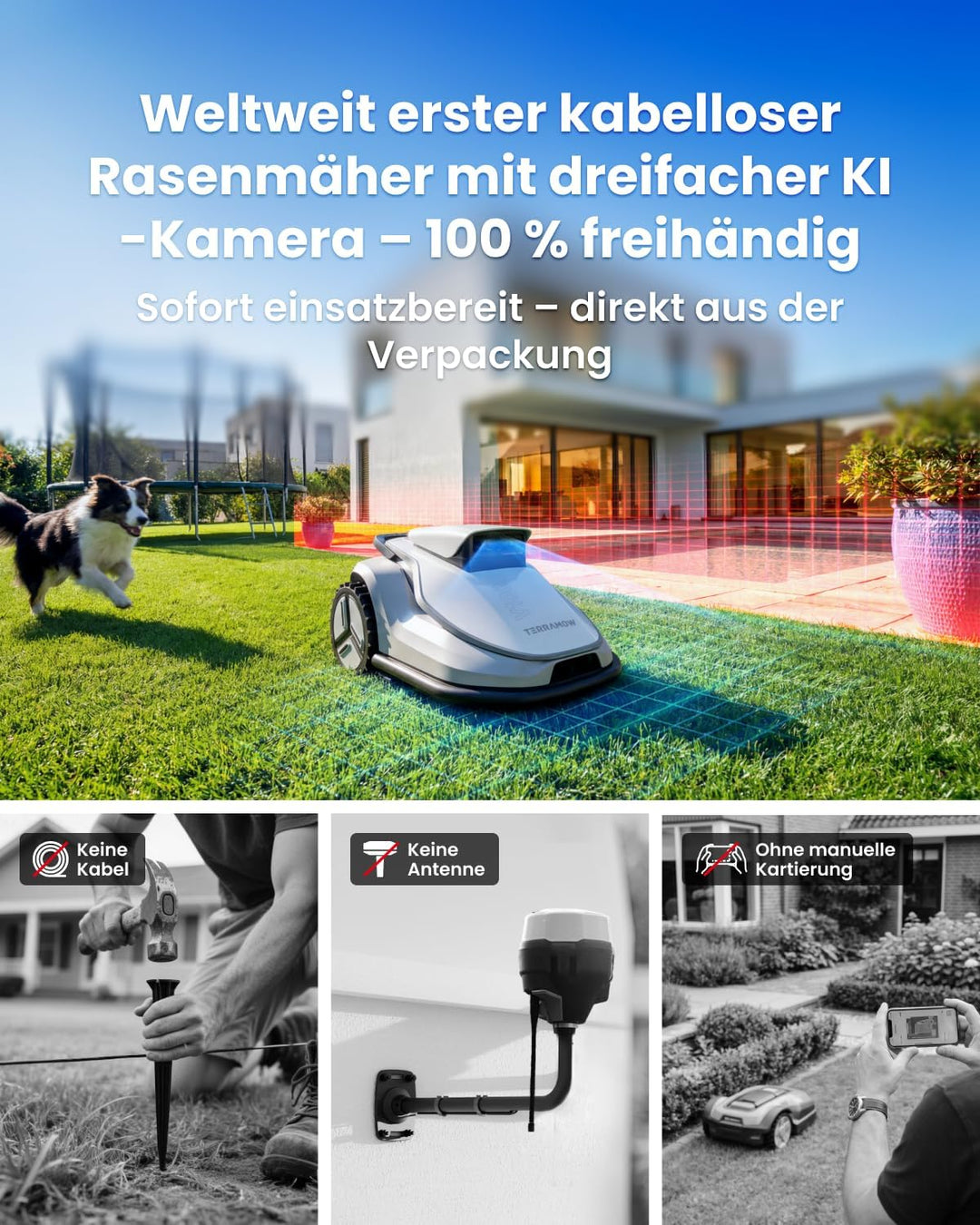 Terramow V1000 Mähroboter ohne Begrenzungskabel mit Garage, Tri-AI-Vision-Technologie ohne Draht-/RT