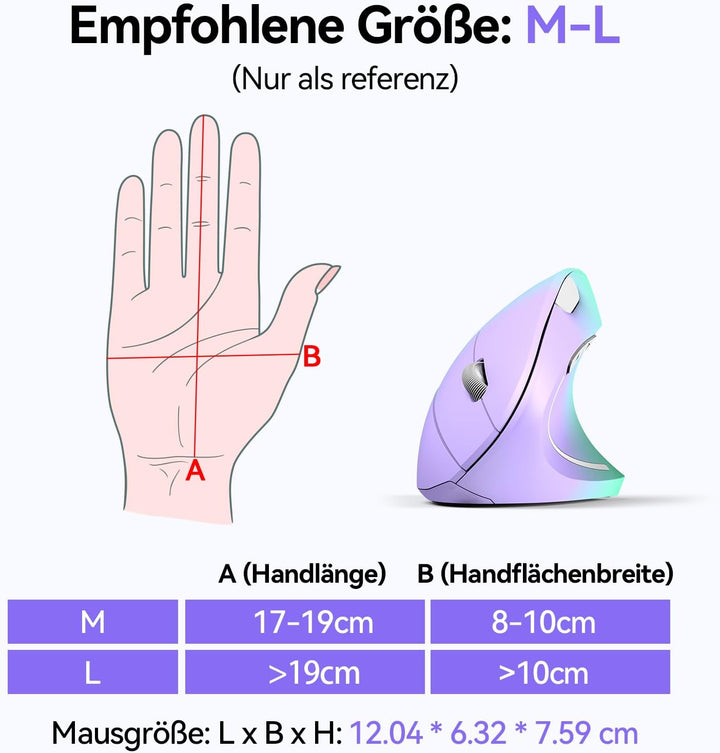 TECKNET Ergonomische Maus, Kabellose Bluetooth Vertikale Maus(BT 5.0+BT 3.0+2.4G), 6 Einstellstufen